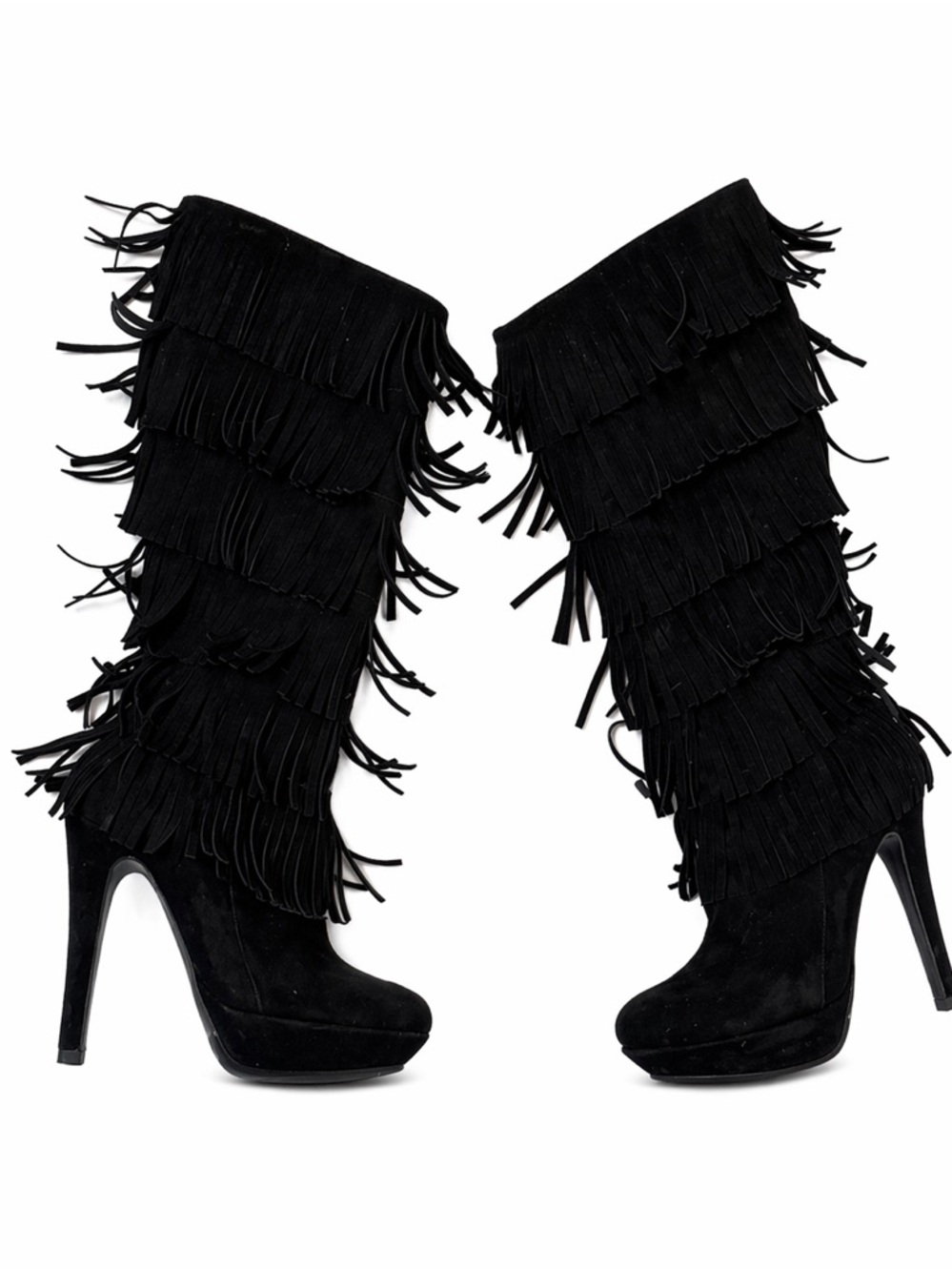 Vero Cuoio Black Layered Fringe Stiletto Knee-High Boots